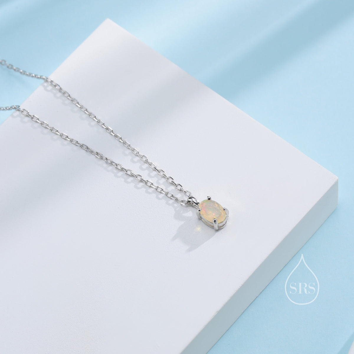 Extra Tiny Genuine Opal Oval Pendant Necklace in Sterling Silver, 4x6mm Tiny Oval Natural Ethiopian Opal Necklace, October Birthstone