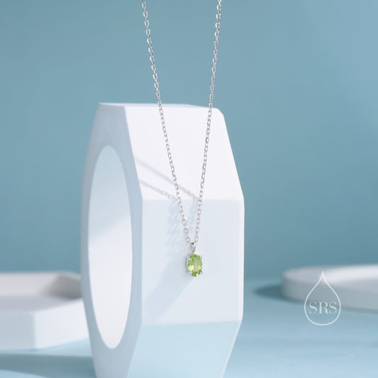 Tiny Genuine Peridot Crystal Oval Pendant Necklace in Sterling Silver, 4x6mm Tiny Oval Natural Peridot Necklace, August Birthstone