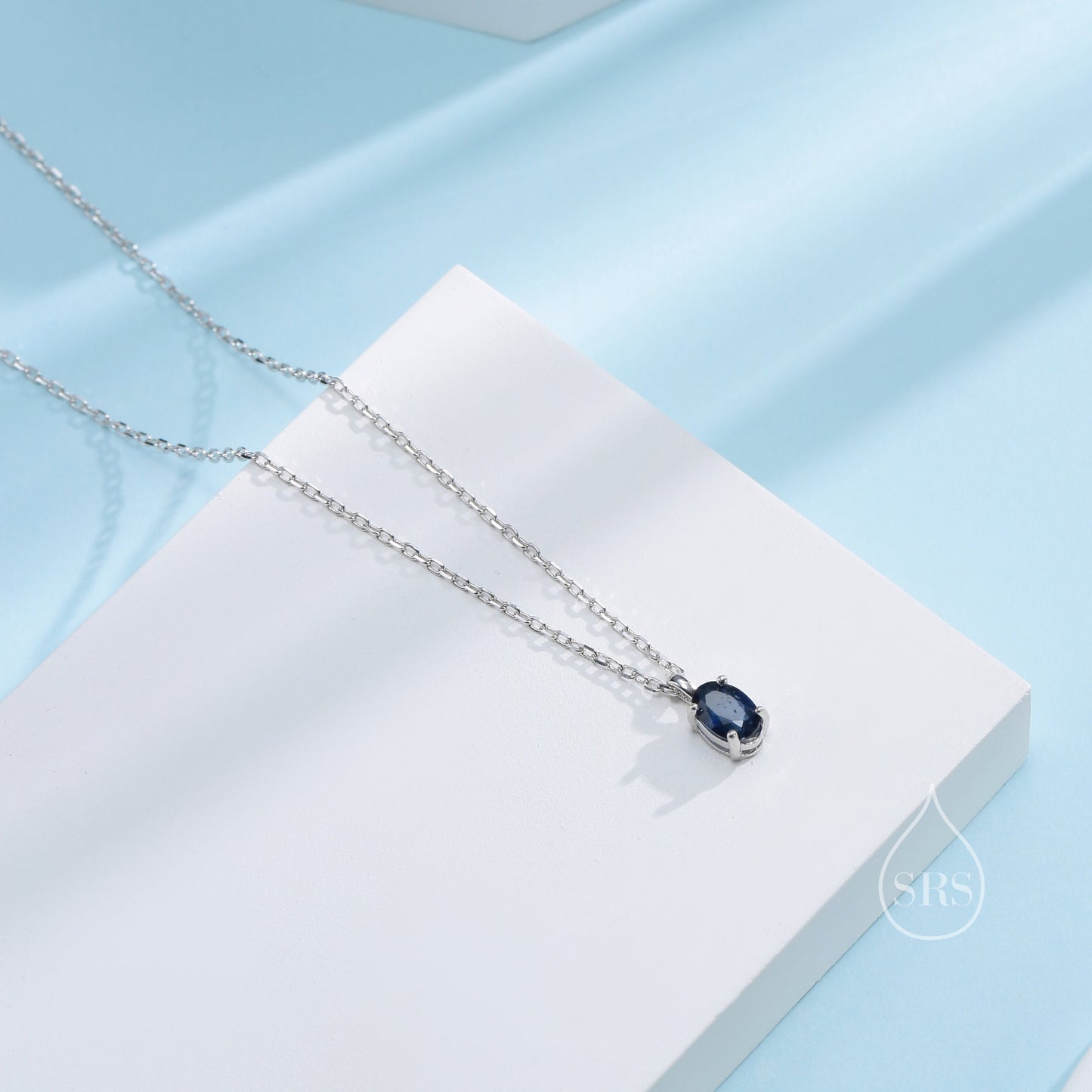 Very Tiny Genuine Sapphire Crystal Oval Pendant Necklace in Sterling Silver, 4x6mm Tiny Oval Natural Sapphire Necklace, September Birthstone