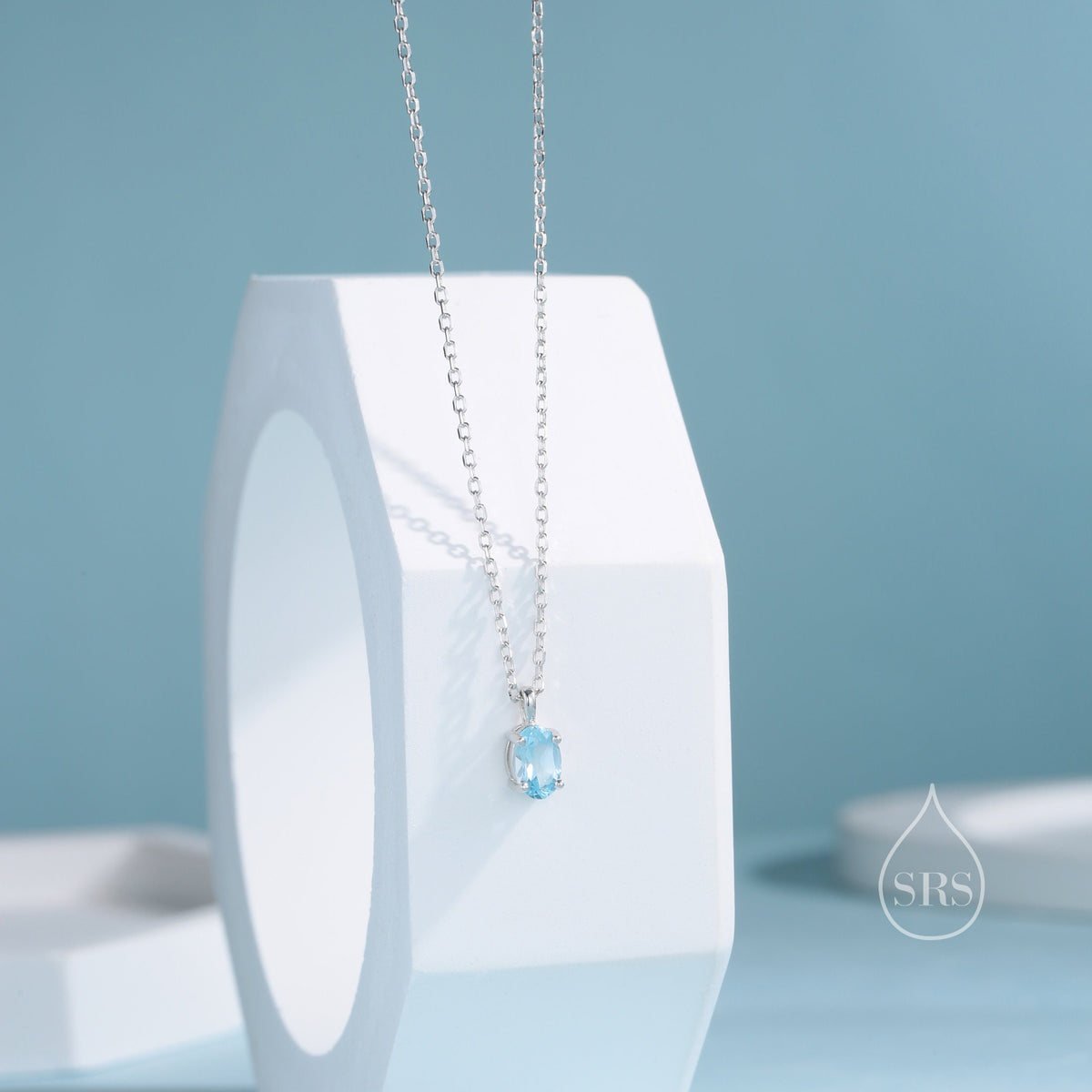 Very Tiny Genuine Swiss Blue Topaz Crystal Oval Pendant Necklace in Sterling Silver, 4x6mm Tiny Oval Blue Topaz Necklace, March Birthstone