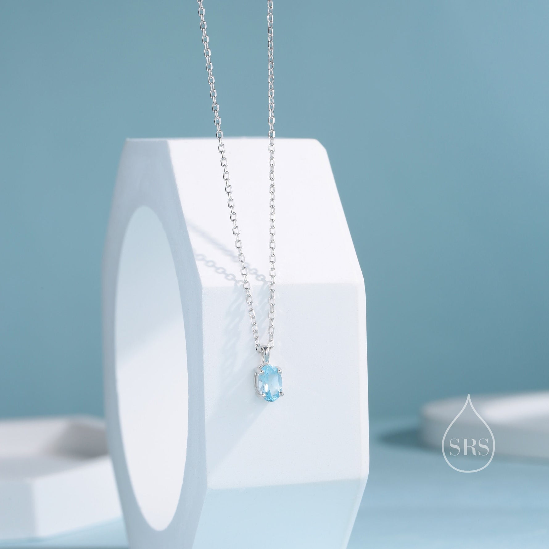 Very Tiny Genuine Swiss Blue Topaz Crystal Oval Pendant Necklace in Sterling Silver, 4x6mm Tiny Oval Blue Topaz Necklace, March Birthstone