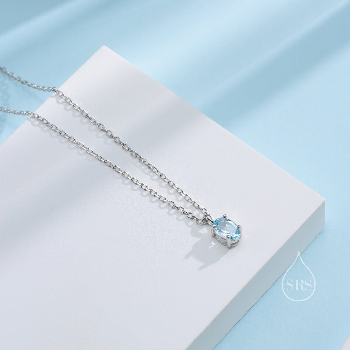 Very Tiny Genuine Swiss Blue Topaz Crystal Oval Pendant Necklace in Sterling Silver, 4x6mm Tiny Oval Blue Topaz Necklace, March Birthstone