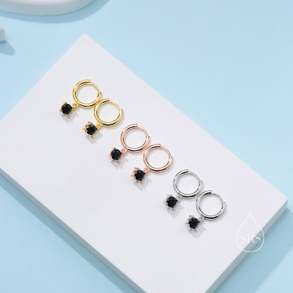 Tiny Black CZ Huggie Hoop in Sterling Silver, Silver or Gold or Rose Gold, Minimalist Simple Hoop Earrings,  4mm CZ Hoops