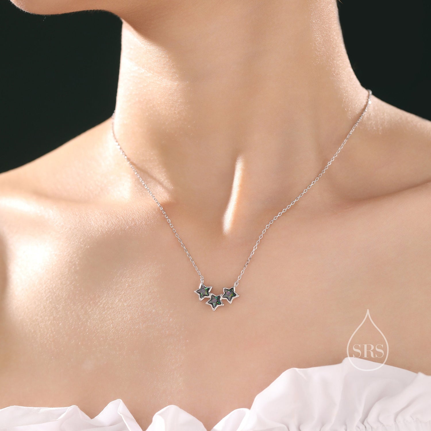 Aurora Black CZ Triple Star Pendant Necklace in Sterling Silver, Silver or Gold, Three Star AB Crystal Necklace, Mystic Topaz Black CZ