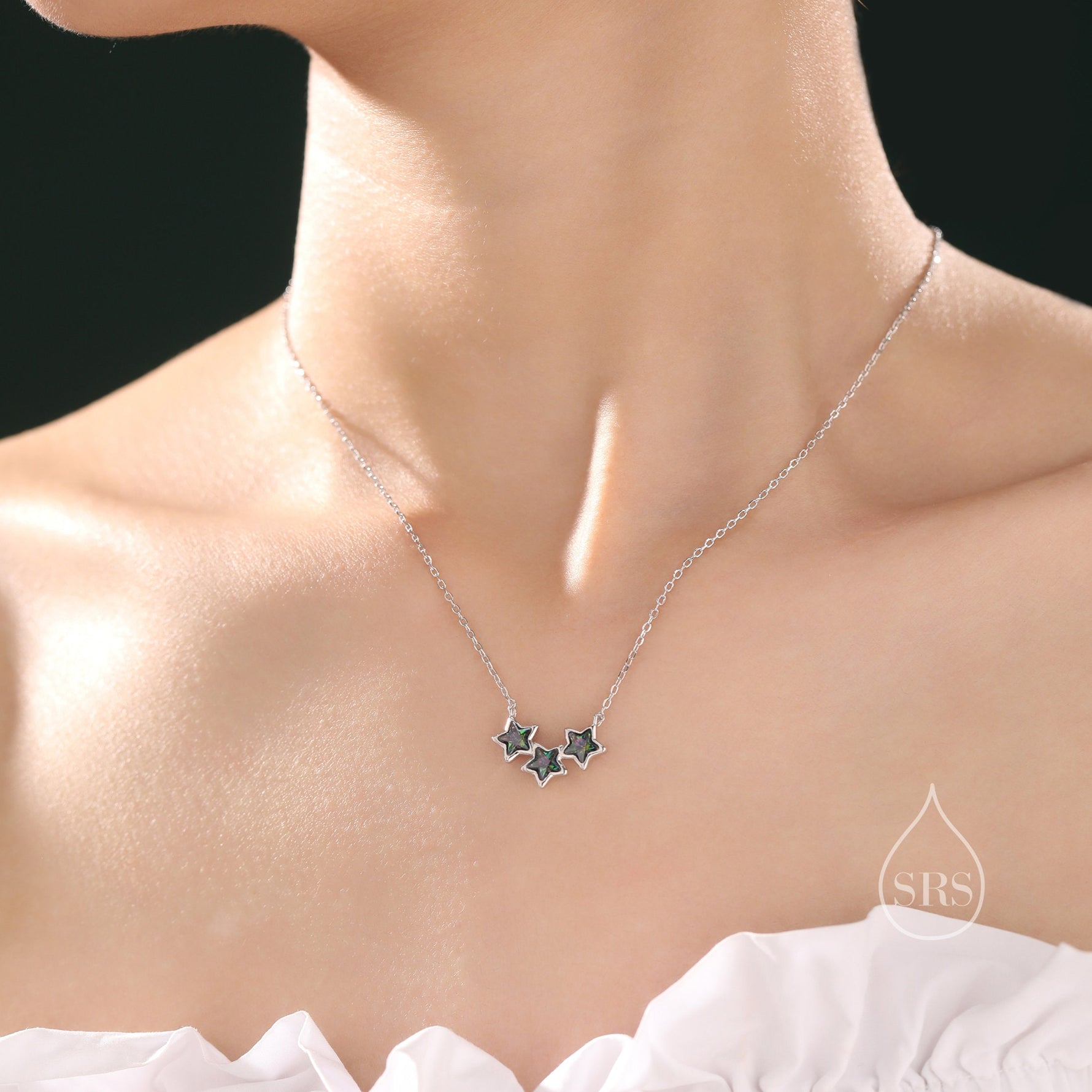 Aurora Black CZ Triple Star Pendant Necklace in Sterling Silver, Silver or Gold, Three Star AB Crystal Necklace, Mystic Topaz Black CZ