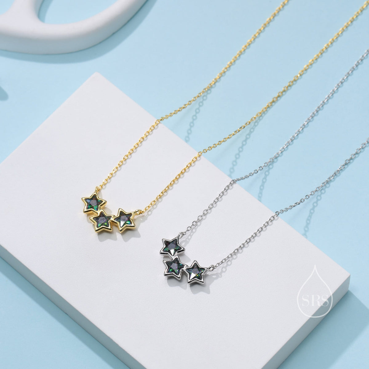 Aurora Black CZ Triple Star Pendant Necklace in Sterling Silver, Silver or Gold, Three Star AB Crystal Necklace, Mystic Topaz Black CZ