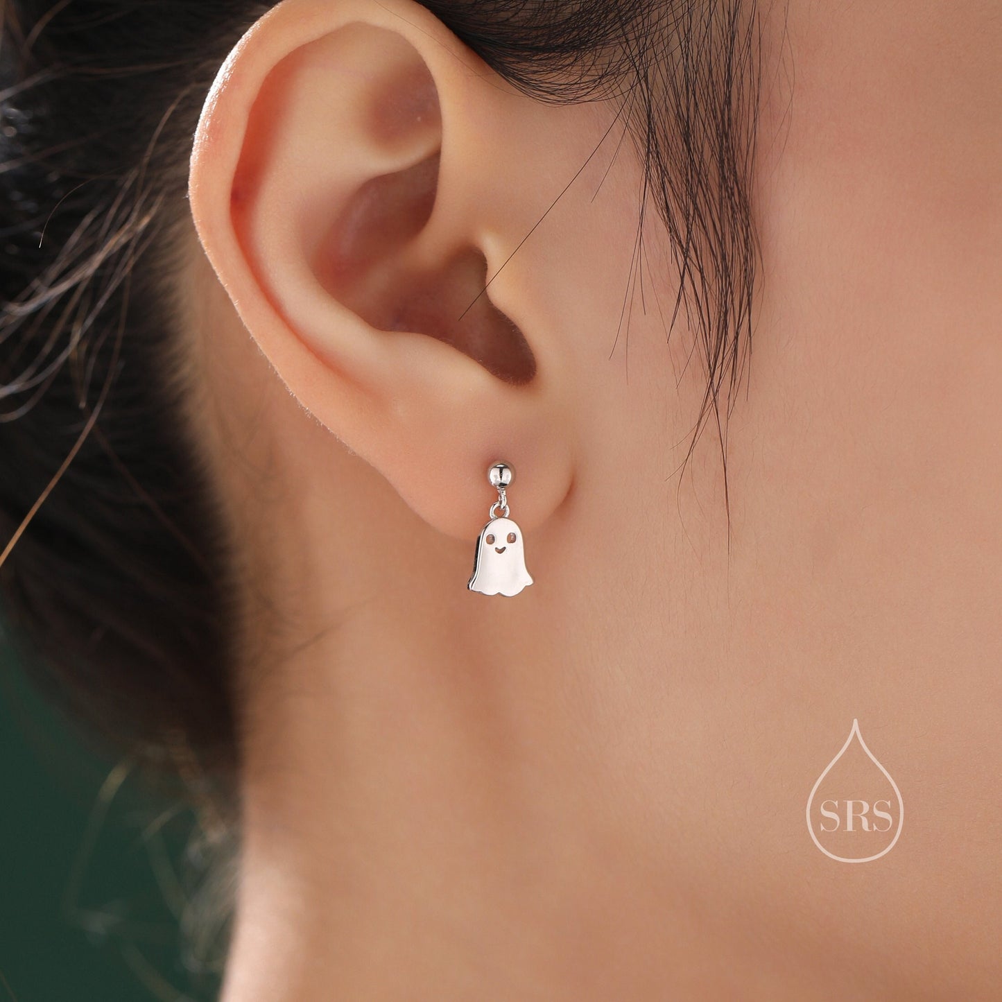 Sterling Silver Little Ghost Stud Earrings, Drop Stud Earrings and Necklace, Set Available