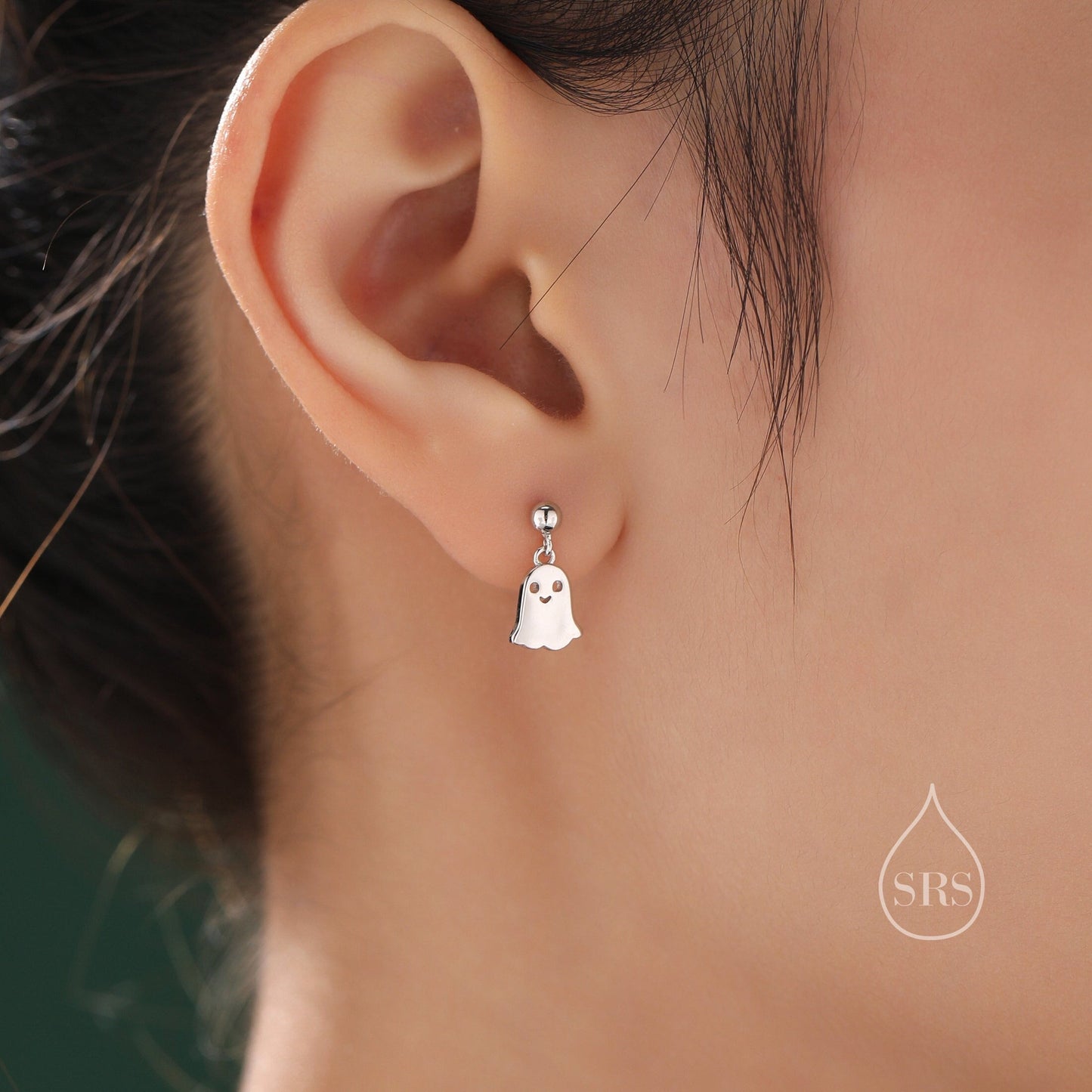 Sterling Silver Little Ghost Drop Stud Earrings, Silver or Gold or Rose Gold, Cute Ghost Dangle Stud Earrings, Ghost Dangle Earrings