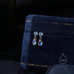 Double Moonstone Dangle Earrings in Sterling Silver, Silver or Gold, Round and Droplet Lab Moonstone Bezel Earrings, Two Moonstone Earrings
