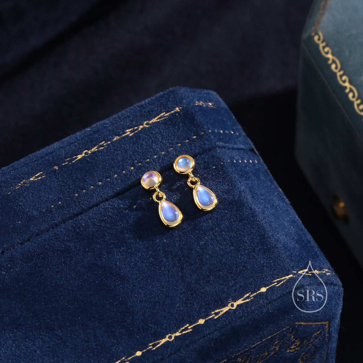 Double Moonstone Dangle Earrings in Sterling Silver, Silver or Gold, Round and Droplet Lab Moonstone Bezel Earrings, Two Moonstone Earrings