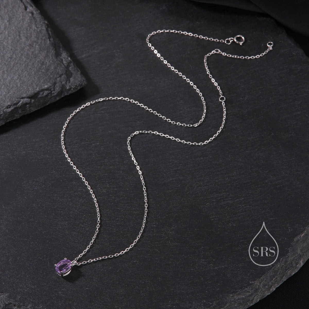 Tiny Genuine Amethyst Crystal Oval Pendant Necklace in Sterling Silver, 5x7mm Tiny Oval Natural Amethyst Necklace, February Birthstone