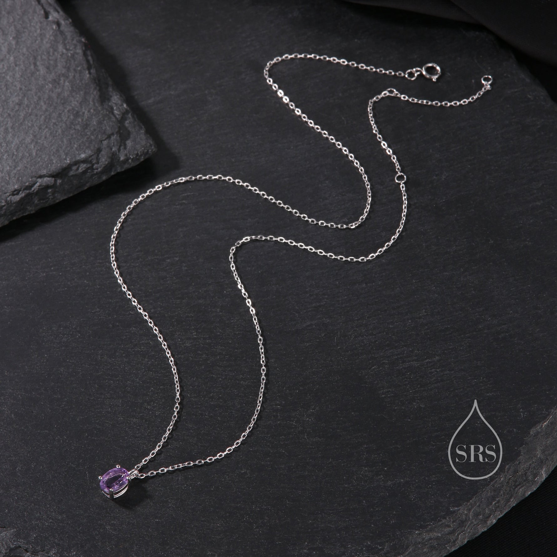 Tiny Genuine Amethyst Crystal Oval Pendant Necklace in Sterling Silver, 5x7mm Tiny Oval Natural Amethyst Necklace, February Birthstone