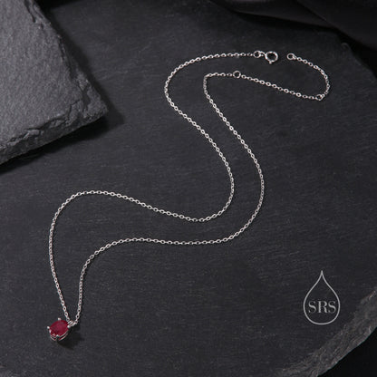 Tiny Genuine Raw Ruby Crystal Oval Pendant Necklace in Sterling Silver, 5x7mm Tiny Oval Natural Ruby Necklace, July Birthstone