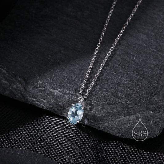 Tiny Genuine Swiss Blue Topaz Crystal Oval Pendant Necklace in Sterling Silver, 5x7mm Tiny Oval Blue Topaz Necklace, March Birthstone