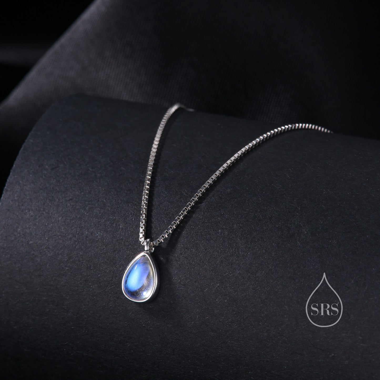 Aurora Moonstone Pendant Necklace in Sterling Silver, Three Chain Types Available, Droplet Pear Cut Simulated Moonstone Necklace