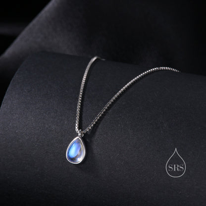 Aurora Moonstone Pendant Necklace in Sterling Silver, Three Chain Types Available, Droplet Pear Cut Simulated Moonstone Necklace
