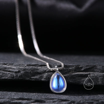 Aurora Moonstone Pendant Necklace in Sterling Silver, Three Chain Types Available, Droplet Pear Cut Simulated Moonstone Necklace