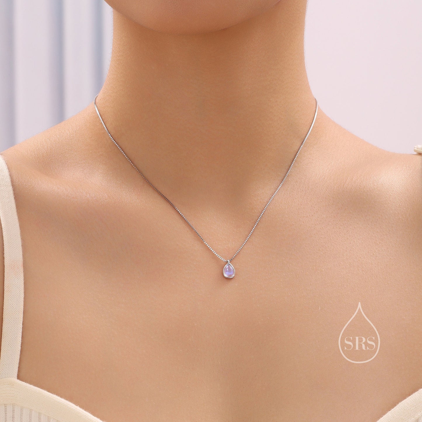 Aurora Moonstone Pendant Necklace in Sterling Silver, Three Chain Types Available, Droplet Pear Cut Simulated Moonstone Necklace