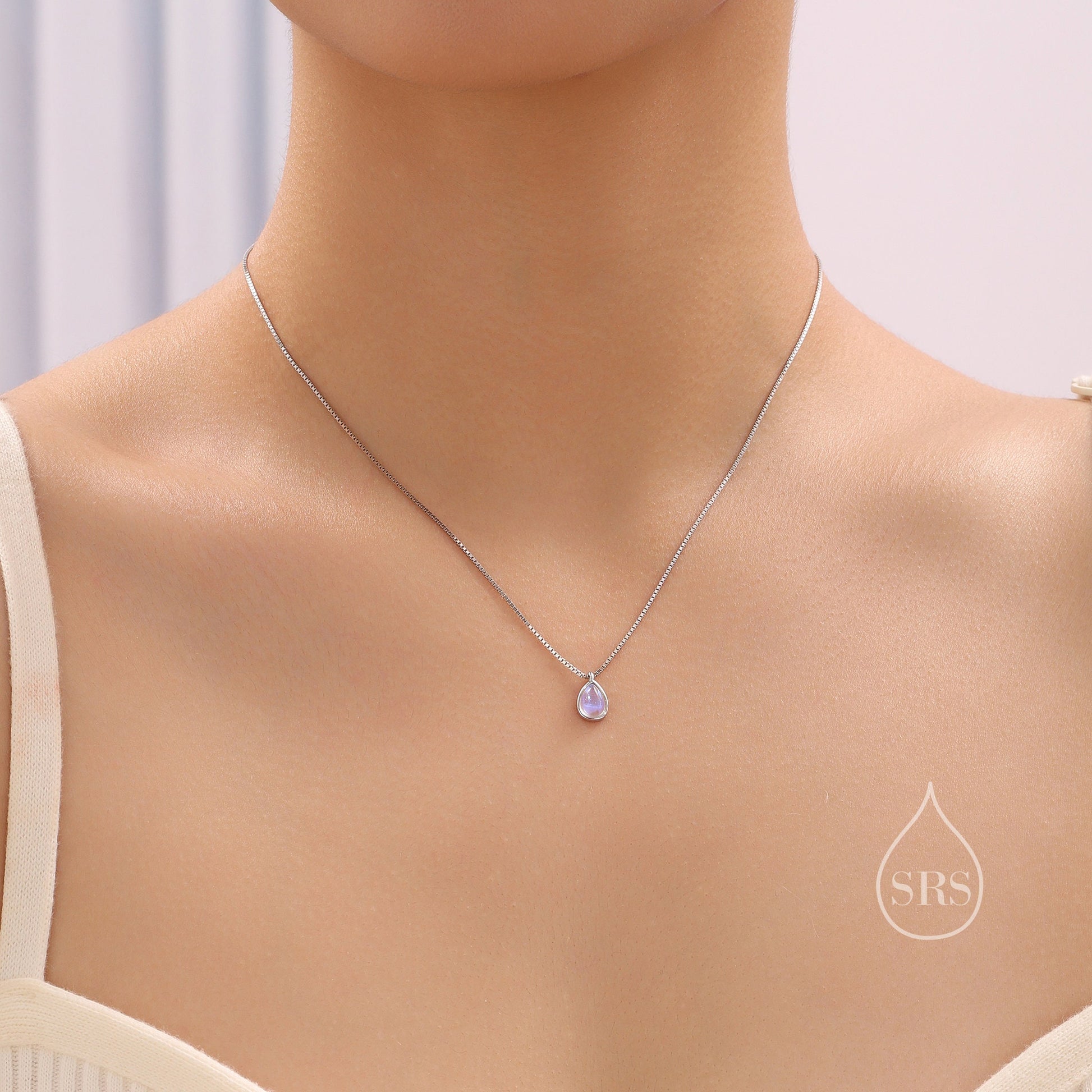 Aurora Moonstone Pendant Necklace in Sterling Silver, Three Chain Types Available, Droplet Pear Cut Simulated Moonstone Necklace