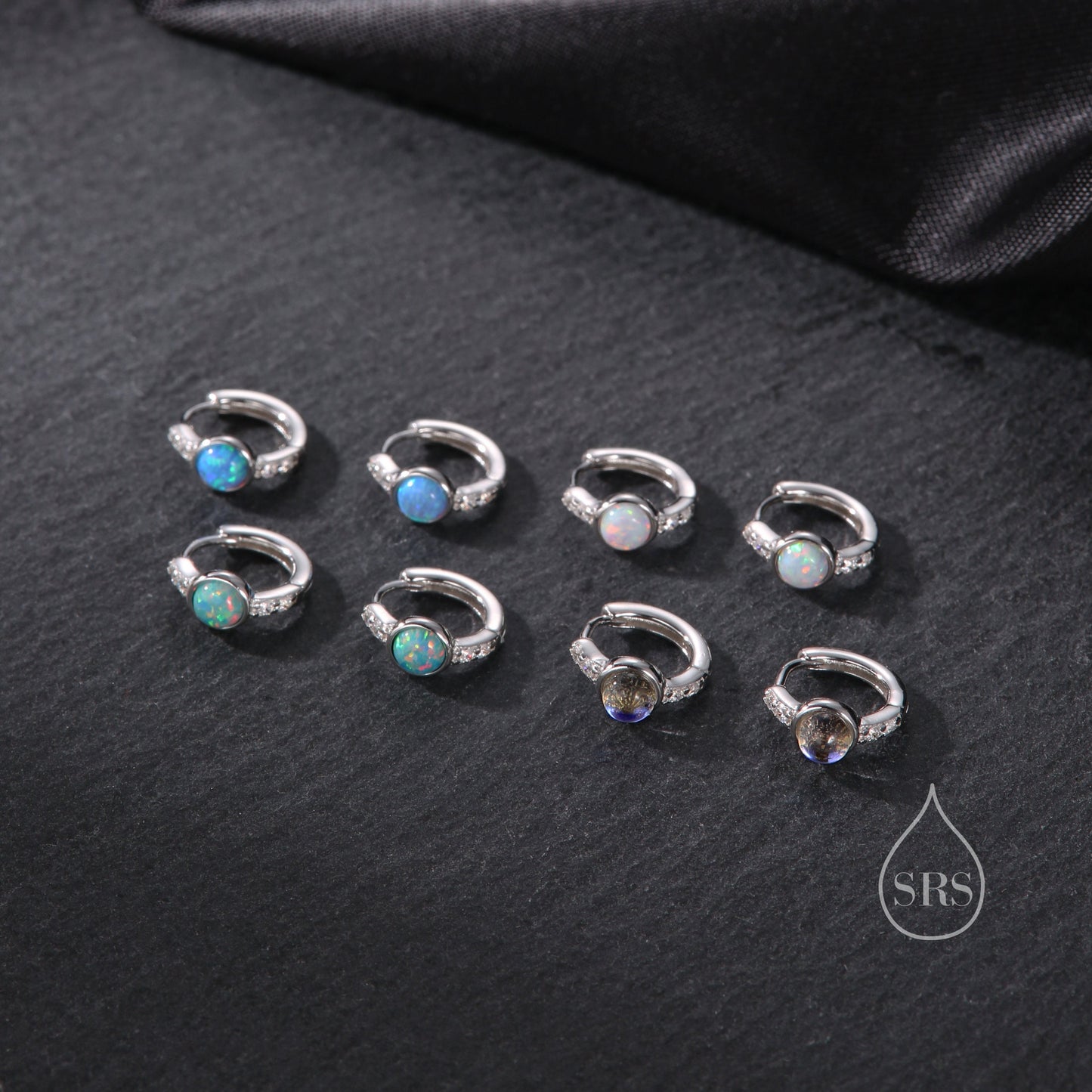 Blue Opal CZ Huggie Hoop Earrings in Sterling Silver, Silver or Gold, Tiny Opal Hoops, Opal Hoops, Single Opal Hoops