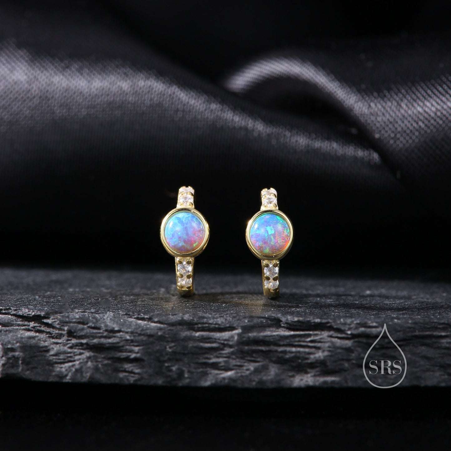 Blue Opal CZ Huggie Hoop Earrings in Sterling Silver, Silver or Gold, Tiny Opal Hoops, Opal Hoops, Single Opal Hoops