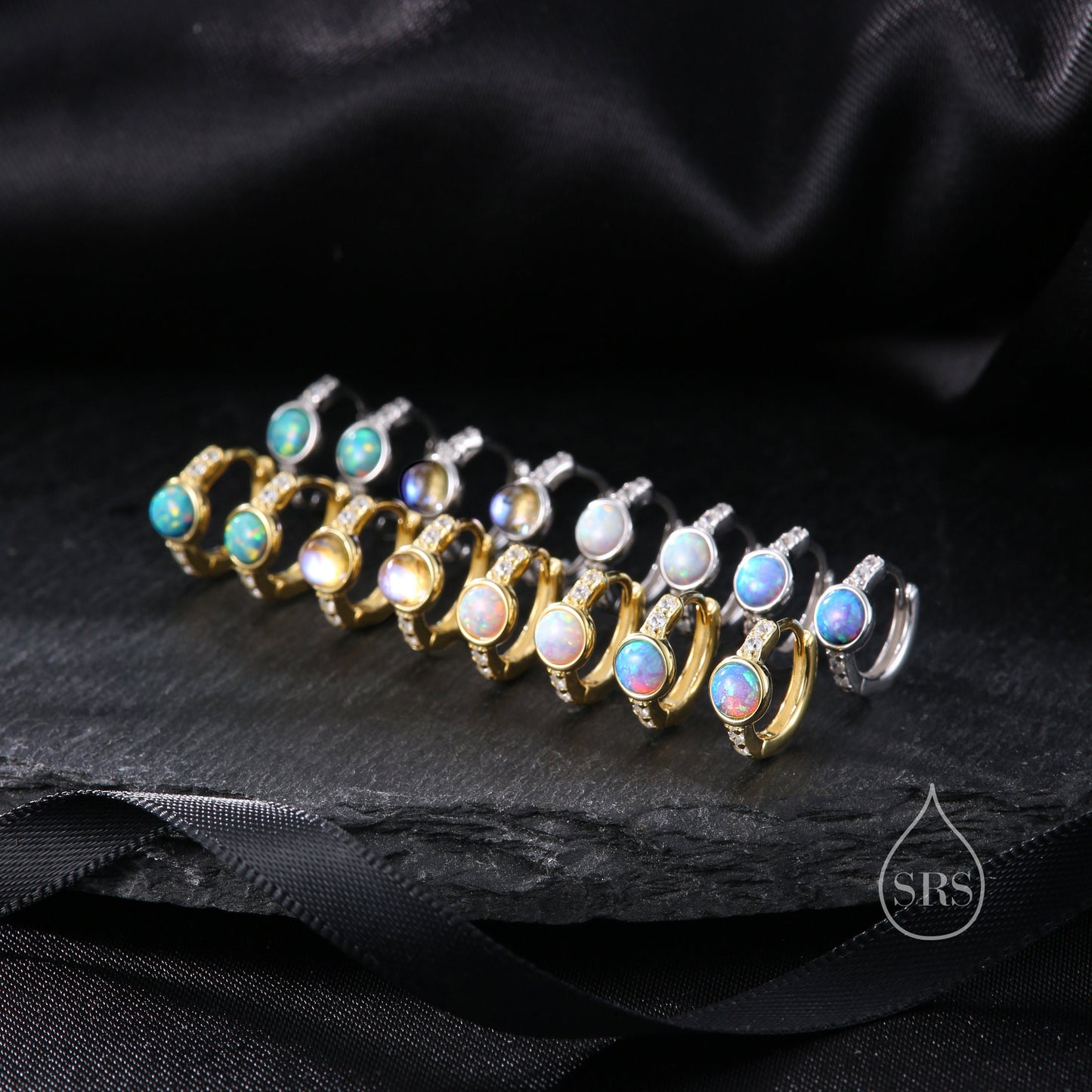 Blue Opal CZ Huggie Hoop Earrings in Sterling Silver, Silver or Gold, Tiny Opal Hoops, Opal Hoops, Single Opal Hoops