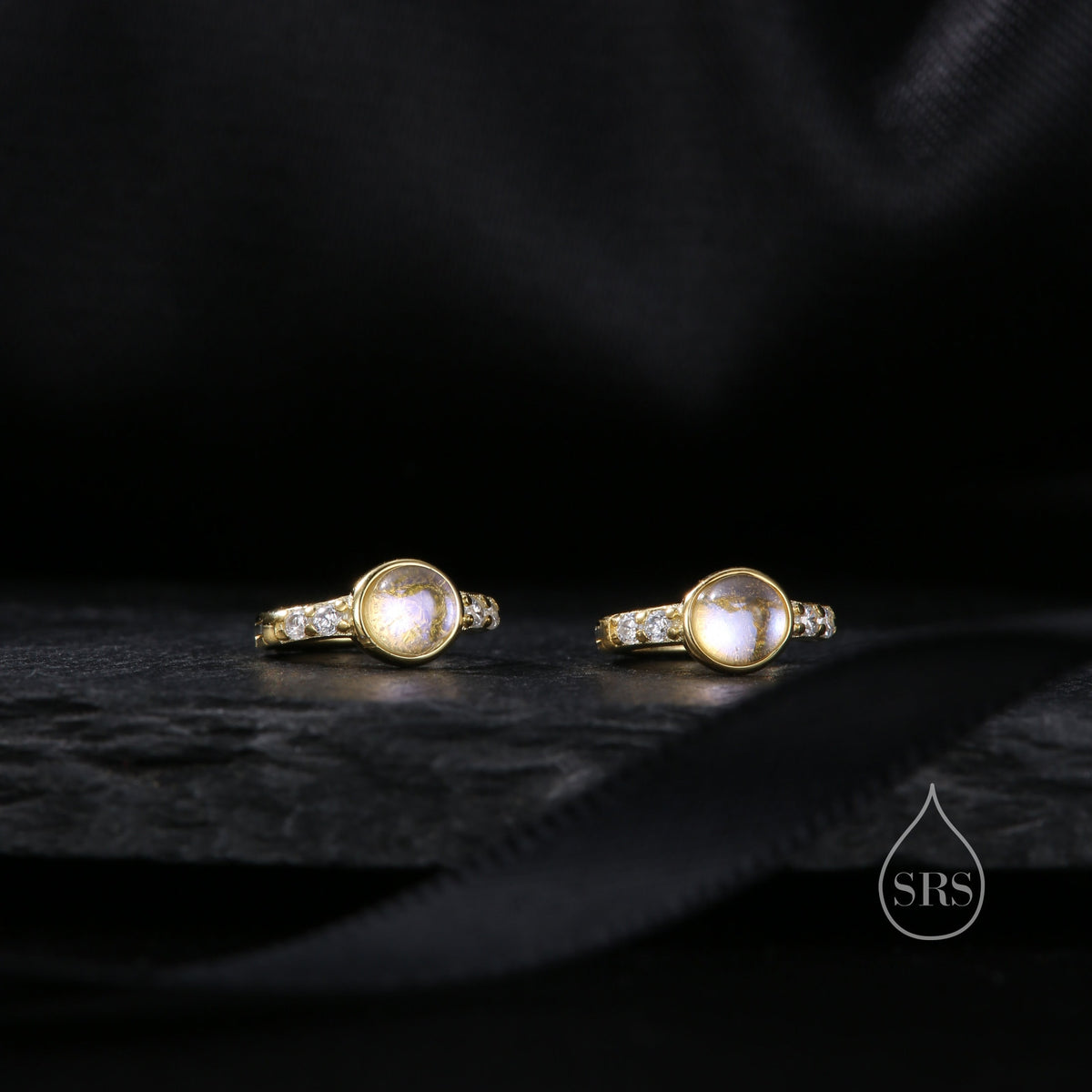 Moonstone CZ Huggie Hoop Earrings in Sterling Silver