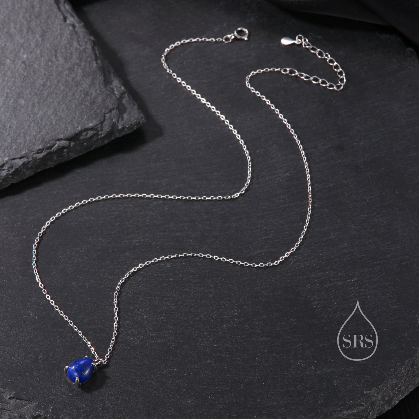 Genuine Lapis Lazuli Pear Necklace in Sterling Silver, Droplet Cabochon Natural Blue Lapis Pendant Necklace