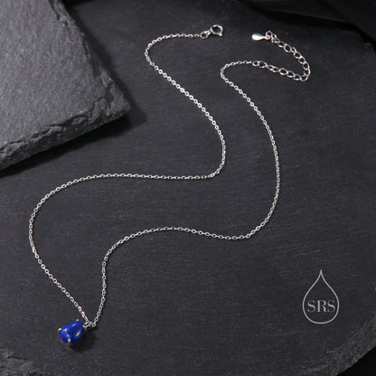 Genuine Lapis Lazuli Pear Necklace in Sterling Silver, Droplet Cabochon Natural Blue Lapis Pendant Necklace