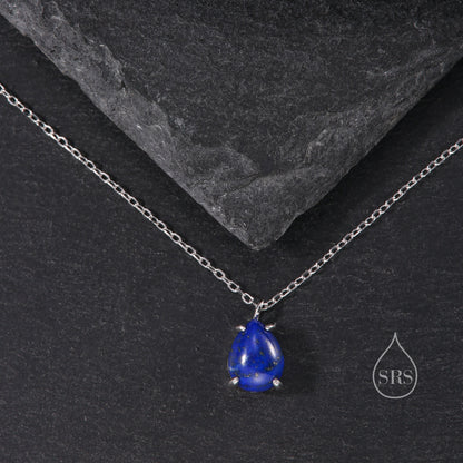 Genuine Lapis Lazuli Pear Necklace in Sterling Silver, Droplet Cabochon Natural Blue Lapis Pendant Necklace