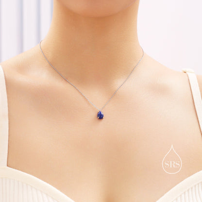 Genuine Lapis Lazuli Pear Necklace in Sterling Silver, Droplet Cabochon Natural Blue Lapis Pendant Necklace