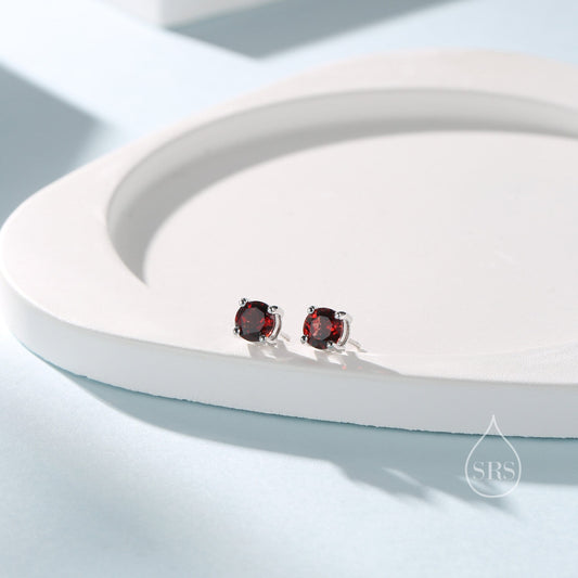 Sterling Silver Natural Garnet Stud Earrings, 4mm Prong Set, Genuine Garnet Gemstone Stud, Minimalist Style, January Birthstone