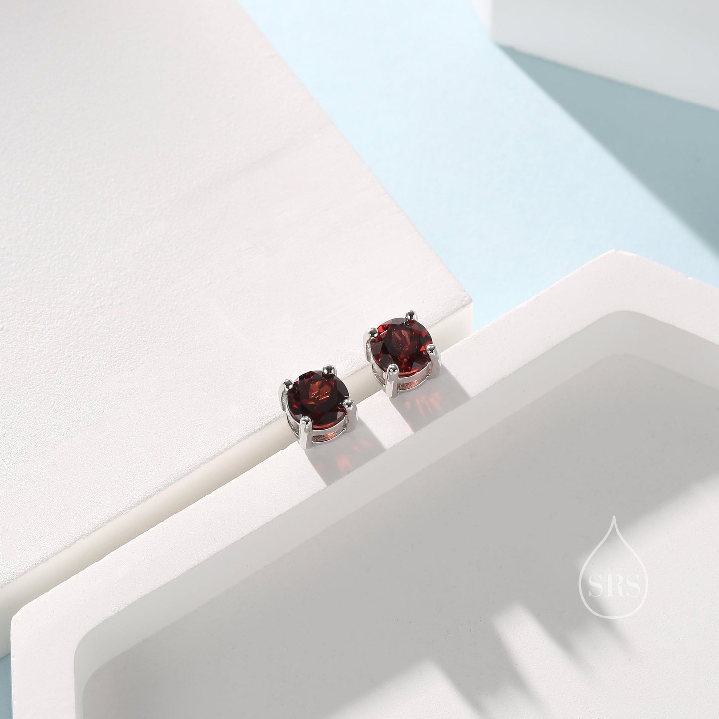 Sterling Silver Natural Garnet Stud Earrings, 4mm Prong Set, Genuine Garnet Gemstone Stud, Minimalist Style, January Birthstone