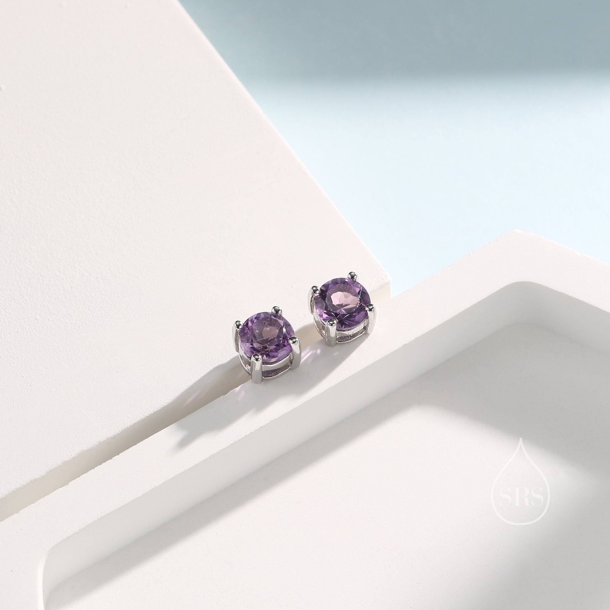 Sterling Silver Natural Amethyst Stud Earrings, 4mm or 5mm Prong Set, Genuine Amethyst Gemstone Stud, Minimalist Style, February Birthstone