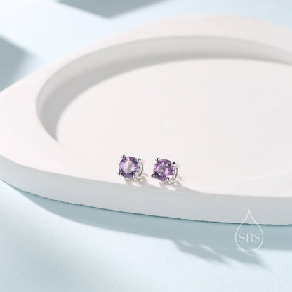 Sterling Silver Natural Amethyst Stud Earrings, 4mm or 5mm Prong Set, Genuine Amethyst Gemstone Stud, Minimalist Style, February Birthstone