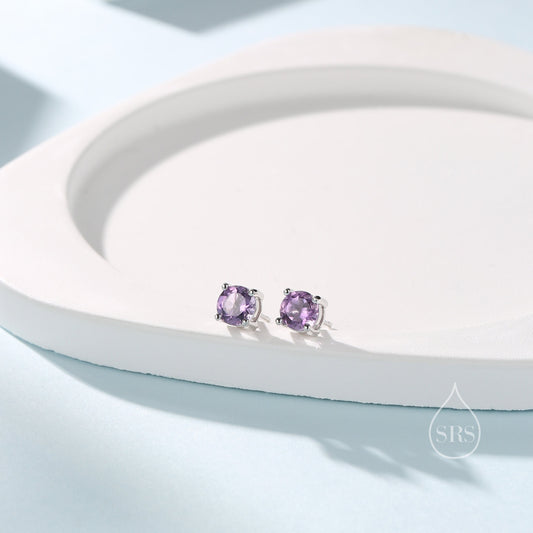 Sterling Silver Natural Amethyst Stud Earrings, 4mm or 5mm Prong Set, Genuine Amethyst Gemstone Stud, Minimalist Style, February Birthstone