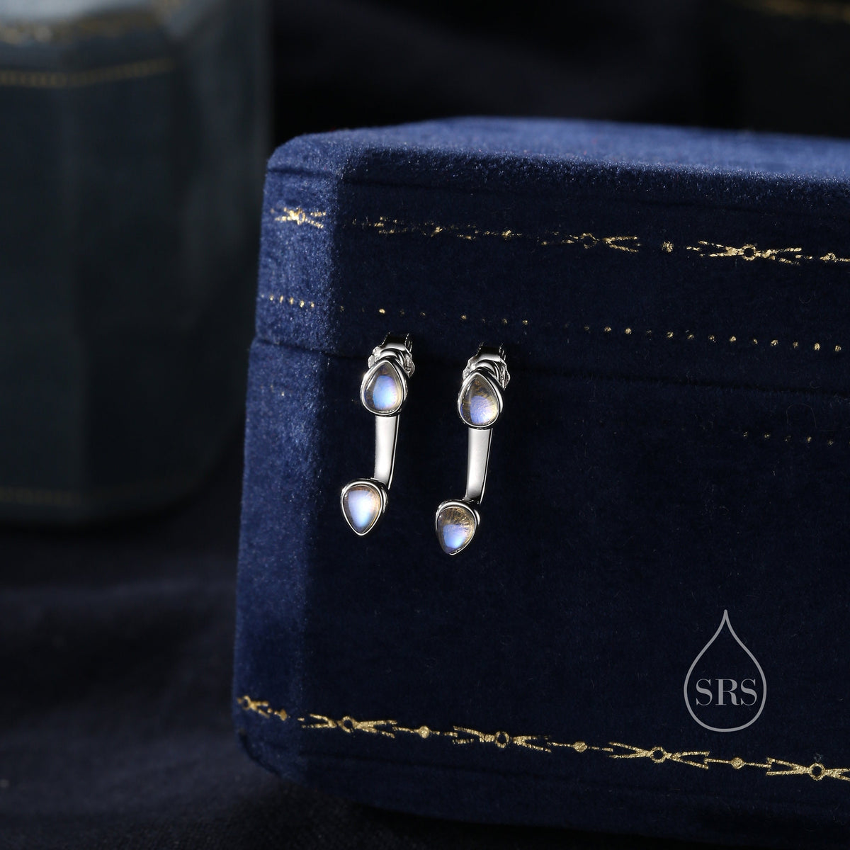 Moonstone Droplet Ear Jacket in Sterling Silver, Silver or Gold, Lab Moonstone Pear Bezel Earrings, Front and Back Earrings