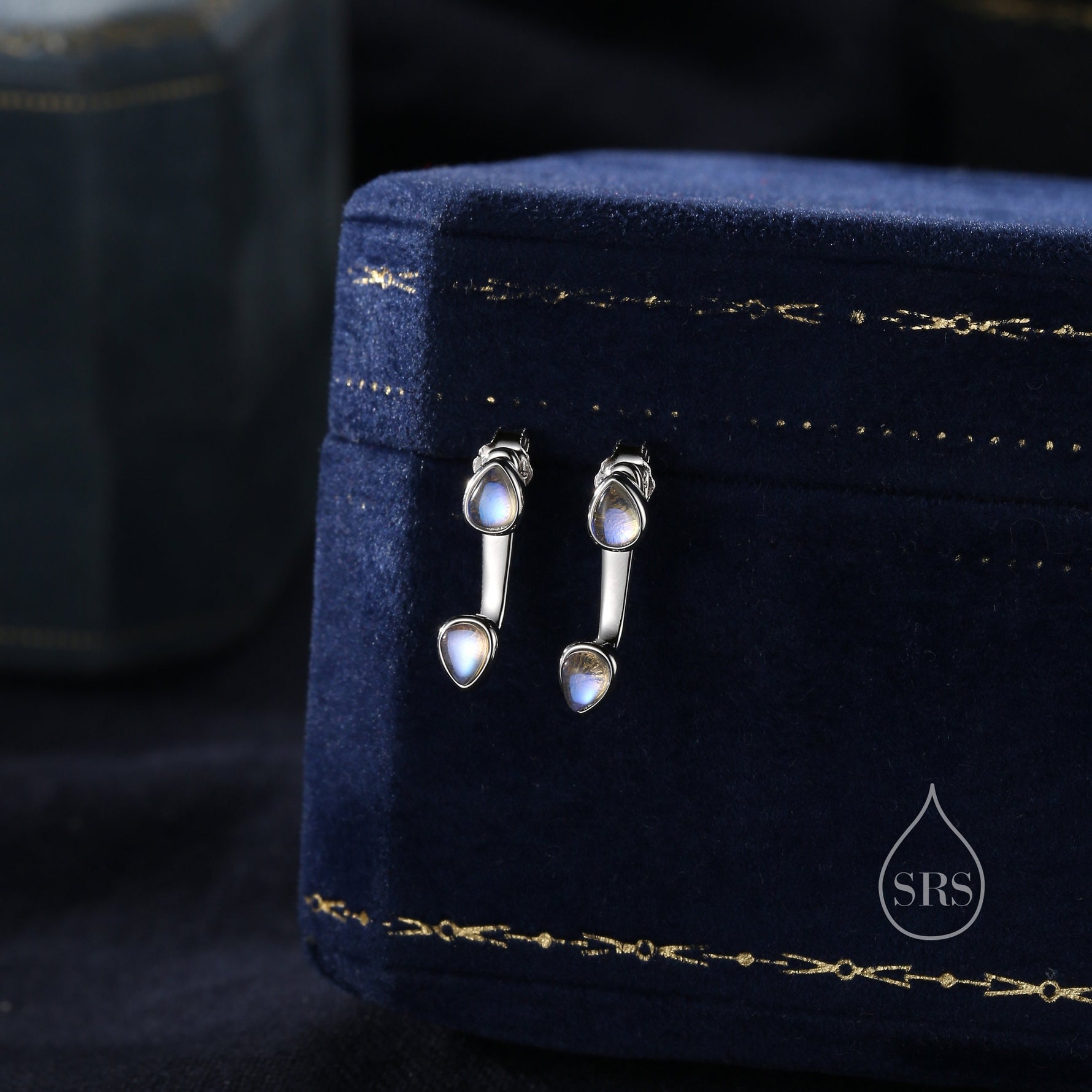 Moonstone Droplet Ear Jacket in Sterling Silver, Silver or Gold, Lab Moonstone Pear Bezel Earrings, Front and Back Earrings
