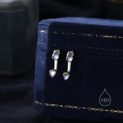 Moonstone Droplet Ear Jacket in Sterling Silver,  Silver or Gold, Lab Moonstone Pear Bezel Earrings, Front and Back Earrings