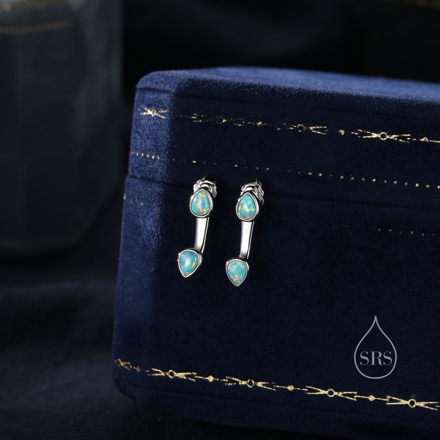 Aqua Green Opal Droplet Ear Jacket in Sterling Silver,  Silver or Gold, Blue Opal Pear Bezel Earrings, Front and Back Earrings