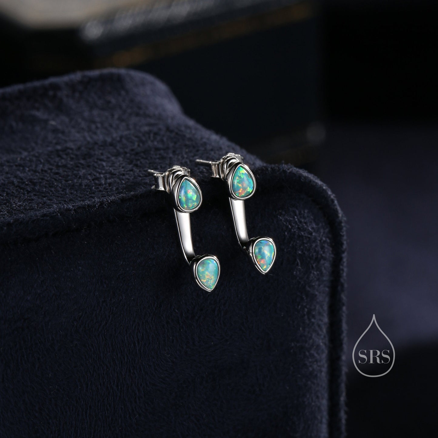 Aqua Green Opal Droplet Ear Jacket in Sterling Silver,  Silver or Gold, Blue Opal Pear Bezel Earrings, Front and Back Earrings