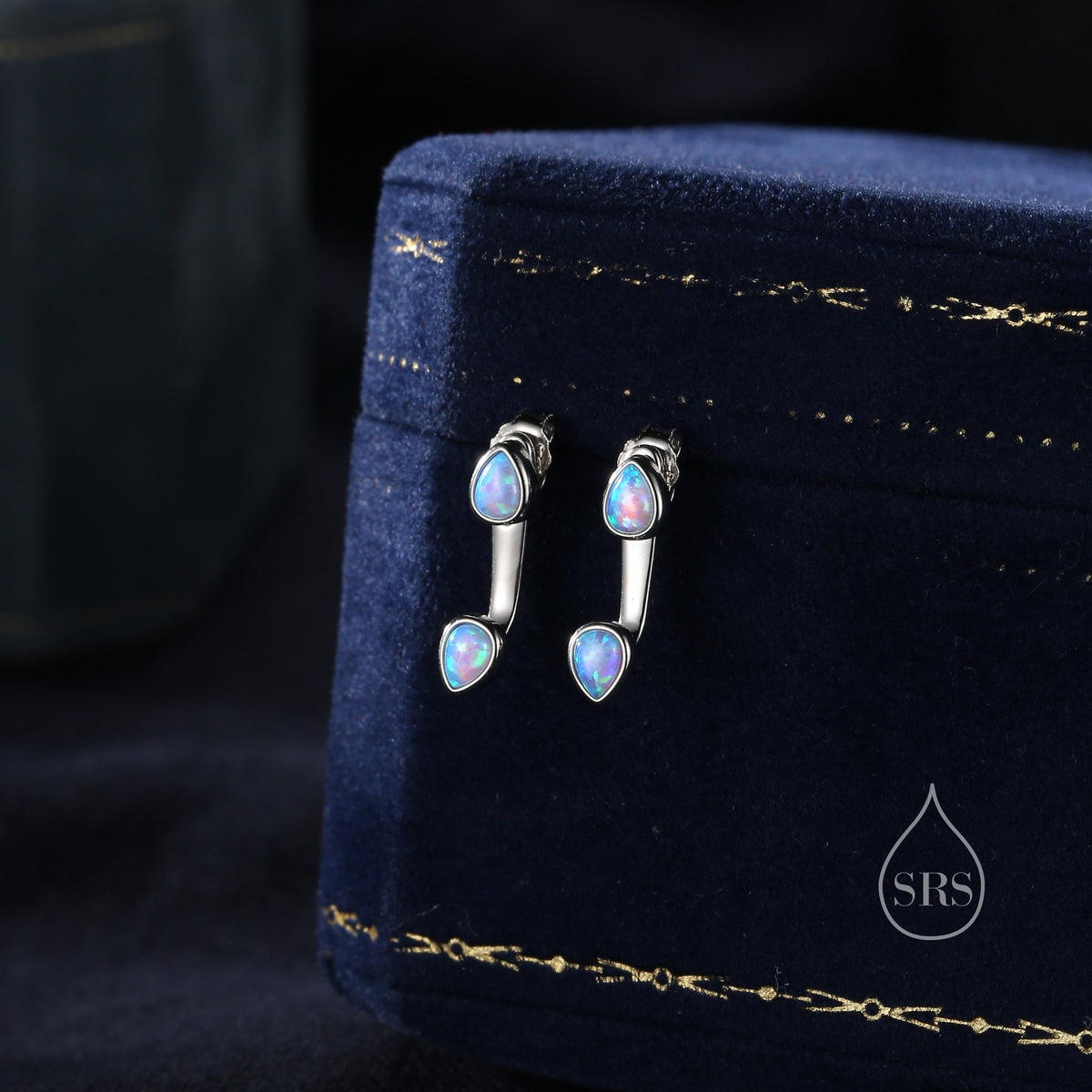 Blue Opal Droplet Ear Jacket in Sterling Silver, Silver or Gold, White Opal Pear Bezel Earrings, Front and Back Earrings