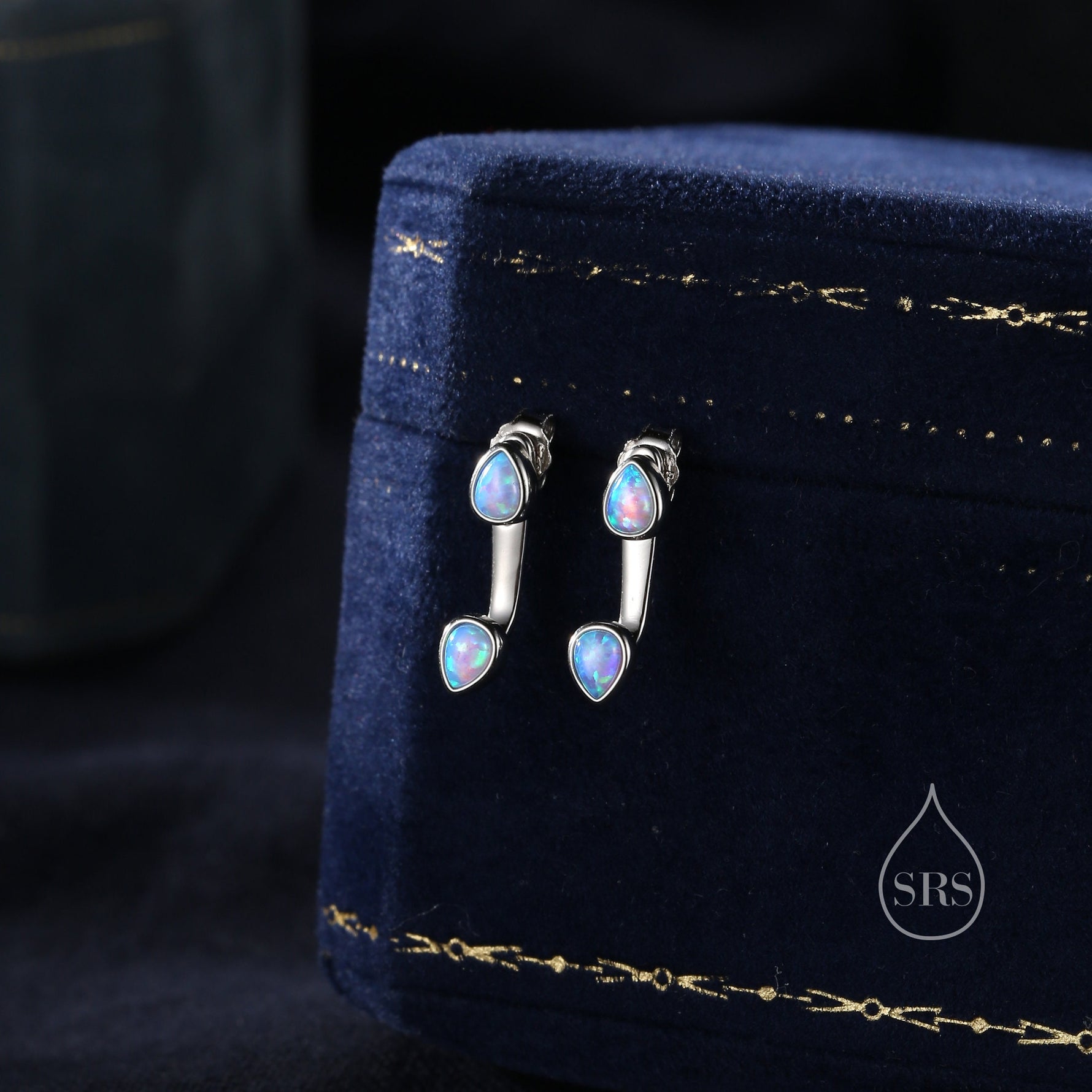 Blue Opal Droplet Ear Jacket in Sterling Silver, Silver or Gold, White Opal Pear Bezel Earrings, Front and Back Earrings