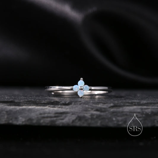 Blue Hydrangea CZ Flower Minimalist Ring in Sterling Silver, Four Crystal Flower Ring, Tiny CZ Ring, Adjustable Size