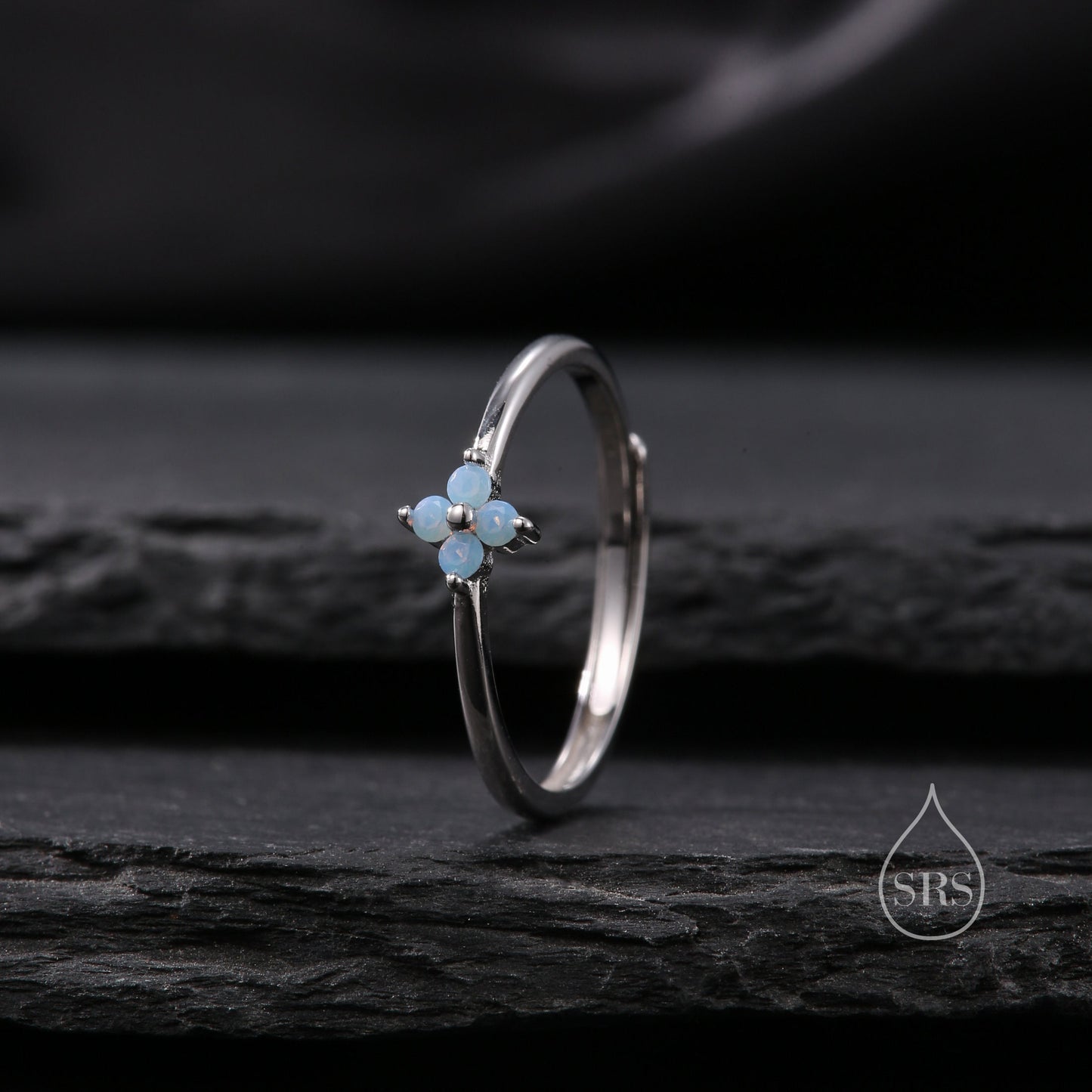 Blue Hydrangea CZ Flower Minimalist Ring in Sterling Silver, Four Crystal Flower Ring, Tiny CZ Ring, Adjustable Size