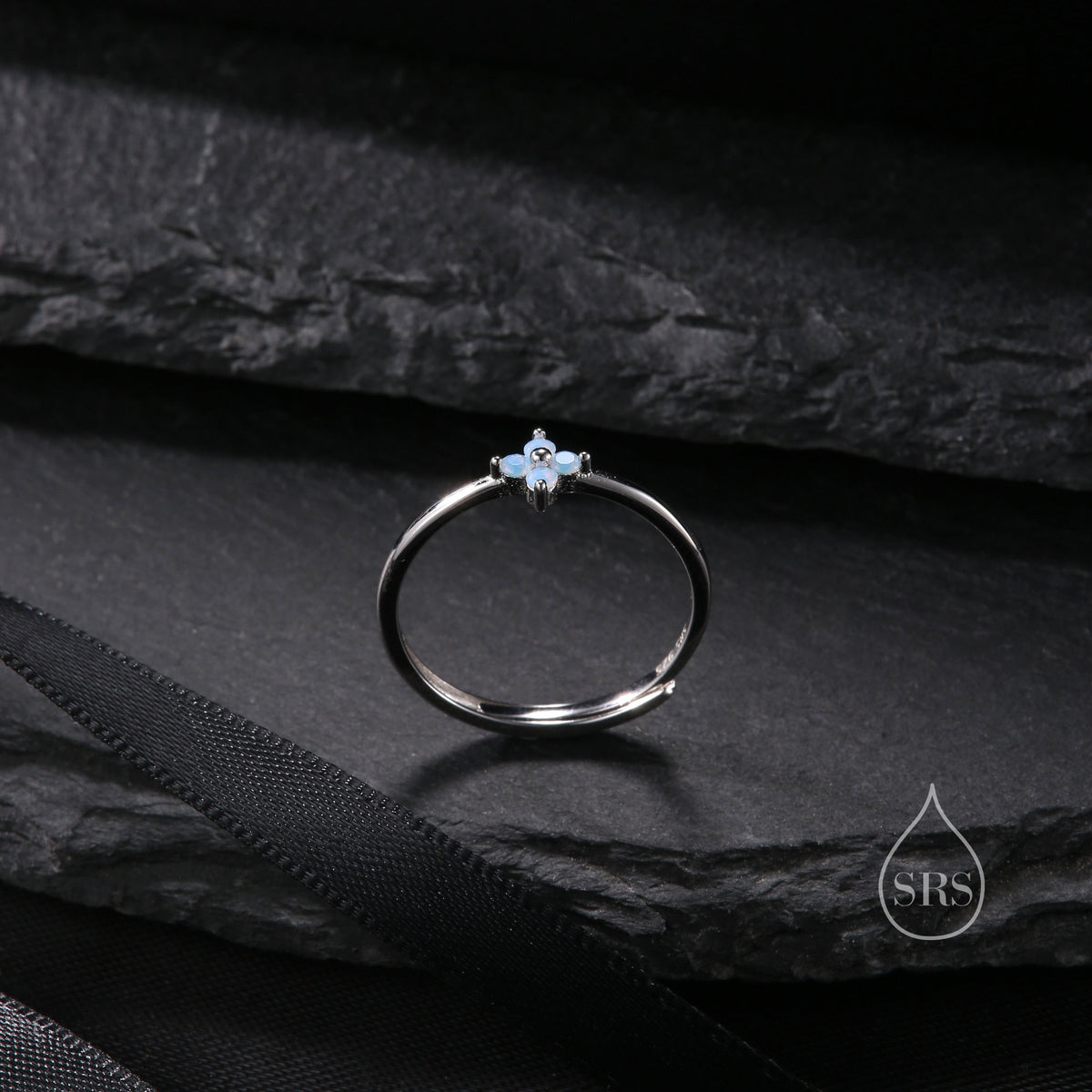 Blue Hydrangea CZ Flower Minimalist Ring in Sterling Silver, Four Crystal Flower Ring, Tiny CZ Ring, Adjustable Size