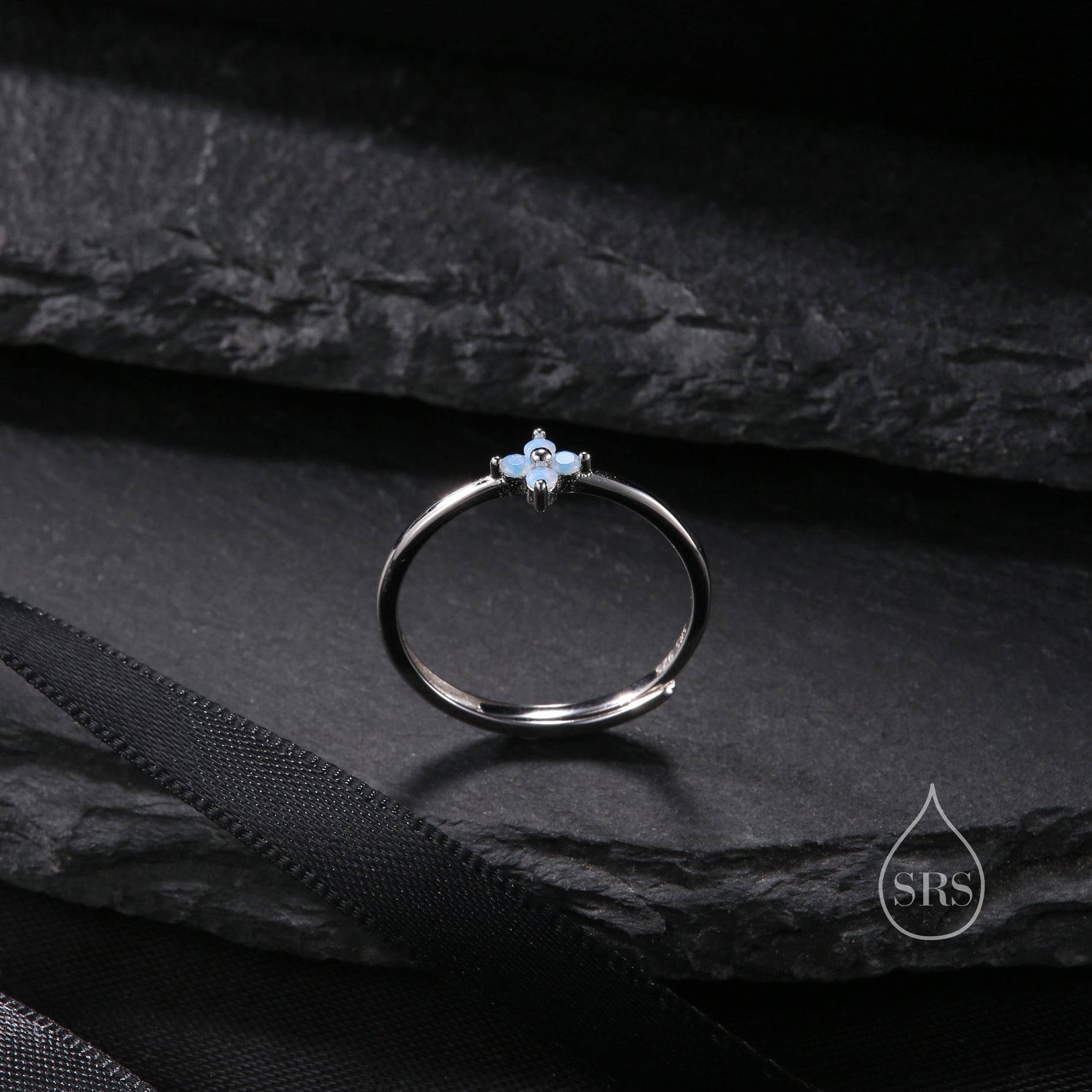 Blue Hydrangea CZ Flower Minimalist Ring in Sterling Silver, Four Crystal Flower Ring, Tiny CZ Ring, Adjustable Size