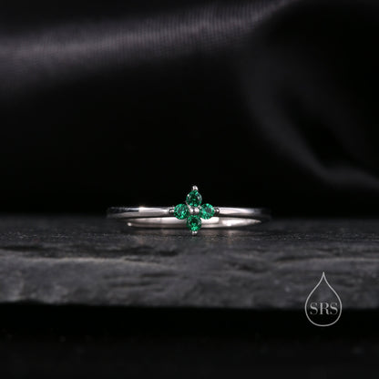 Green Hydrangea CZ Flower Minimalist Ring in Sterling Silver, Four Crystal Flower Ring, Tiny CZ Ring, Adjustable Size