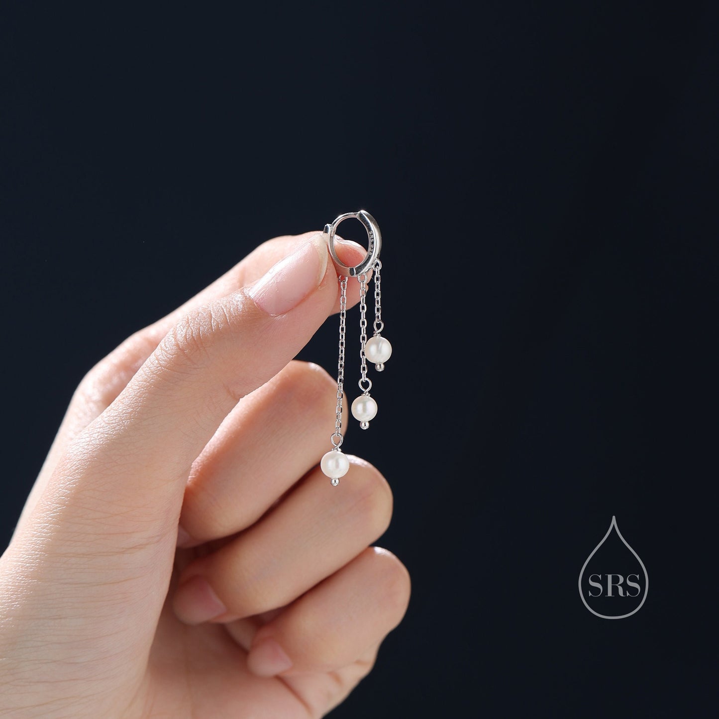 Natural Freshwater Pearl Trio Huggie Hoop Earrings in Sterling Silver, Pearl Cascade Dangle Chain Earrings, Gold and Silver