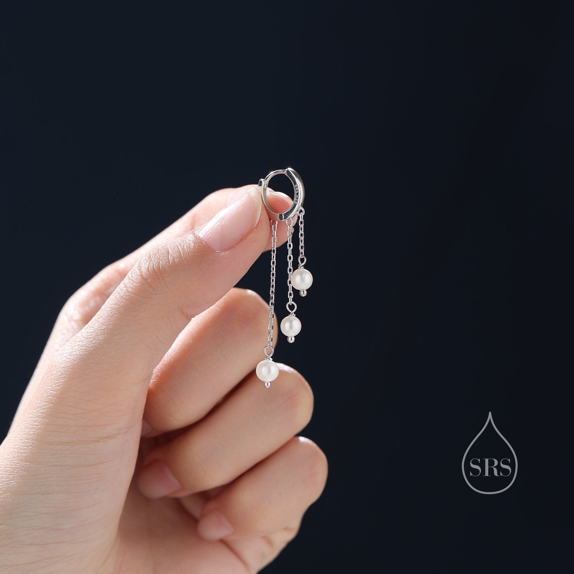 Natural Freshwater Pearl Trio Huggie Hoop Earrings in Sterling Silver, Pearl Cascade Dangle Chain Earrings, Gold and Silver